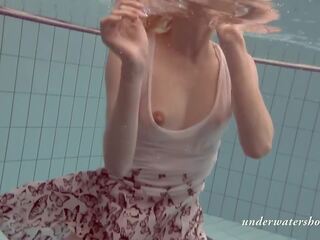 Hottest tightest shaved vagina with big boobs spread in the swimming pool