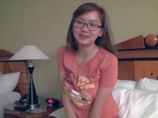 Adorable busty asian daughter fngers in glasses